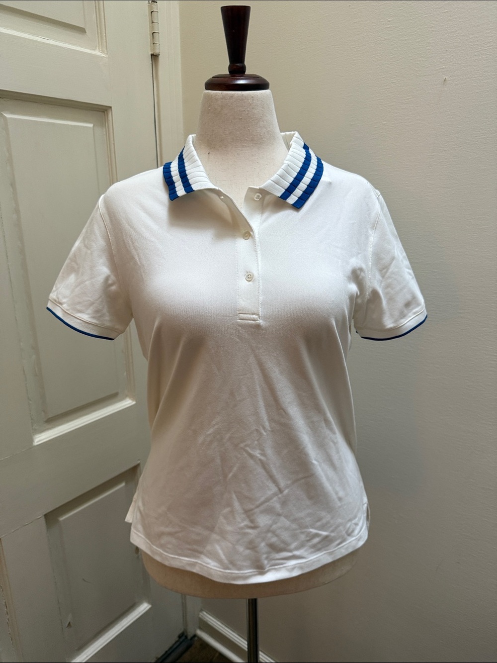 Tory Sport White Polo Tee with Blue Striped Collar